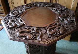 Large Antique Anglo Indian Carved Dragons Octagonal Folding Side Table C1900