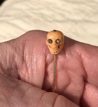 Antique Georgian Victorian Carved Coral Skull Mori Memento 14k Gold Stick Pin