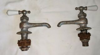 Pair (2) Antique Vintage Chrome Nickel Brass Porcelain Separate Hot Cold Faucets