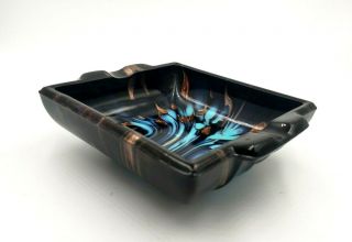 Vintage Square Art Glass Ash Tray Marbled Black Turquoise Copper