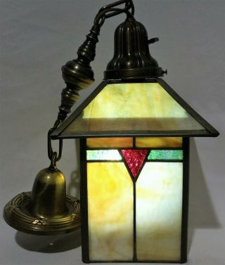 Antique C1905 Early Arts & Crafts Pendant Light Lantern Brass Stained Slag Glass