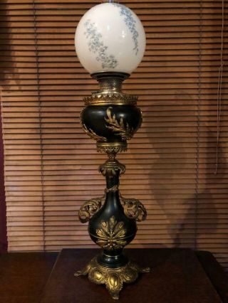 Antique Stunning B&h Bradley Hubbard Black Victorian Gilt Oil Banquet Gwtw Lamp