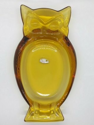 Vintage Owl Ashtray Amber Colored Glass Mid Century Heavy Duty Glass