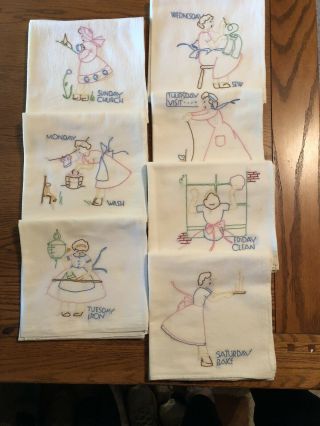Vintage 7 Days Of The Week Hand Embroidered Flour Sack Kitchen Towels