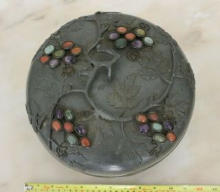 Old Antique Chinese Pewter Covered Box With Gemstones Large 11 "