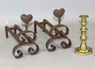 Great Early 19th C American " Heart Decorated " Wrought Iron Andirons