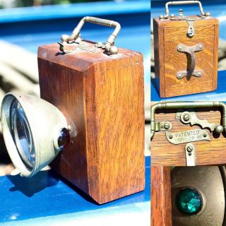 Rare Antique 1900s Wood Oak Bicycle Box Light Lamp Jeweled Everready Flashlight