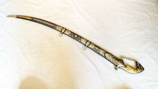 Handcrafted Indian Talwar/ Sword With Silver Koftgari Work And Bone Handle