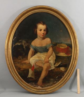 Lrg Antique 19thc Life Size Portrait Oil Painting Child W/ Dog & Pond Model