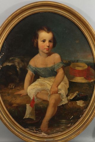Lrg Antique 19thC Life Size Portrait Oil Painting Child w/ Dog & Pond Model 2