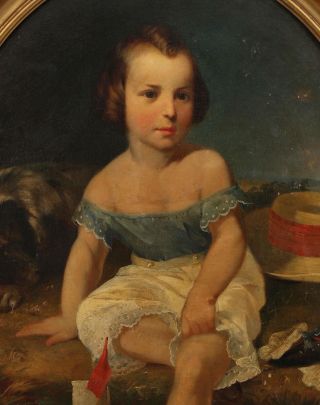 Lrg Antique 19thC Life Size Portrait Oil Painting Child w/ Dog & Pond Model 3