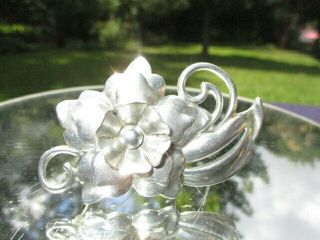 888 - Vintage Hand Made Sterling Silver Flower & Leaf Brooch Huge 2.  75 "