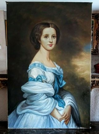 Antique Style Oil Painting Portrait Woman In A Blue Dress Signed Art