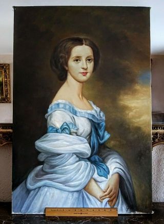 Antique Style Oil Painting Portrait Woman in a Blue Dress Signed Art 2