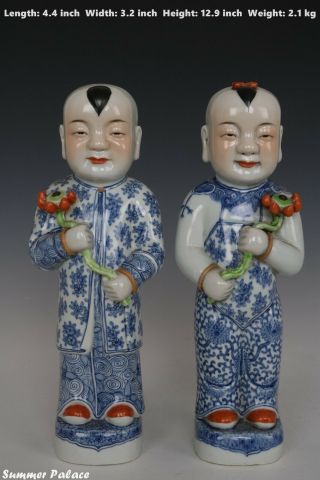 Fine Chinese Pair Blue And White Porcelain Boy And Girl Statues