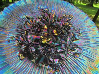 Northwood Poppy Show Antique Carnival Art Glass Plate Blue Spectacular Color