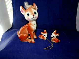 Vintage Japan Ceramic Whimsical Deer Family On Chain Set