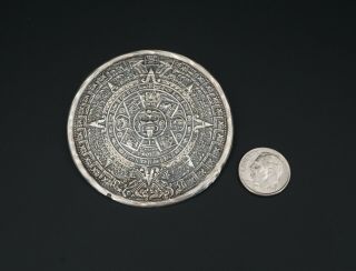 Vintage Taxco Sterling Silver Aztec Maya Calendar Pin Pendant 2.  25 