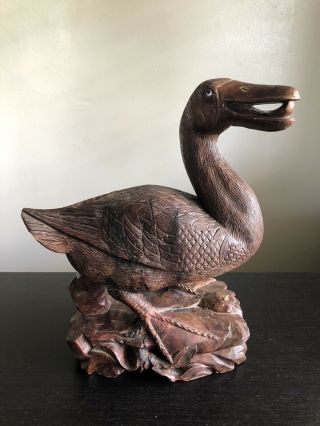 Antique Qing Chinese Carved Rosewood Duck Statue Sculpture Scholar Art Yazi Bird