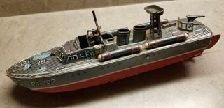 Vintage Pt - 107 Tin Litho Wind Up Torpedo Boat From 1950s - For Repair Or Parts