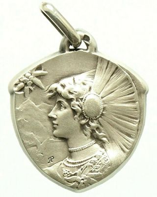 Vintage Sterling Silver Art Nouveau Pendant The Elegant Lady & Edelweis Flower