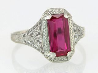 Antique Estate Ostby Barton 10k White Gold Flowers 1.  00ct Ruby Art Deco Ring