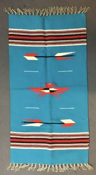 Vintage Mexican Blanket Wool Woven 19”x 37” Turquoise W/ Red Bird Wallhanging