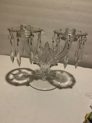 Vintage Fostoria Flame Glass Double 2 Candle Holders Candelabra Prisms Bobeche