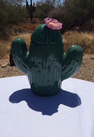 Vintage 1980’s Treasure Craft Usa Saguaro Cactus Cookie Jar W/bloom Lid
