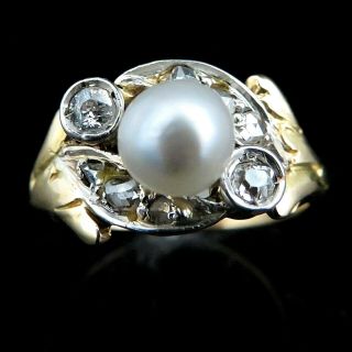 Antique Pearl Old European & Rose Cut Diamond 18k Yellow Gold Platinum Gift Ring