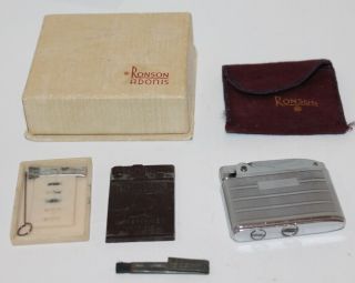 Vintage Ronson Adonis Pocket Lighter In The Box W/flint Box,  Brushes