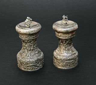 Rare Pair Antique Chinese Export Silver Salt & Pepper Grinders