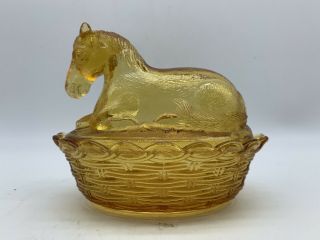 Vintage Amber Glass Horse On Nest Lidded Candy Dish - Pony On Nest Covered Dish