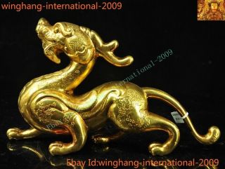 China Dynasty Bronze 24k Gold Gilt Wealth Animal Brave Troops Pixiu Beast Statue