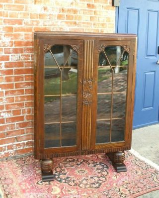 1st Payment English Oak Wood Art Deco 2 Door Bookcase / Display Cabinet