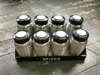 Kromex Spun Aluminum Spice Jars With Rack Mid Century Modern Set Of 8 Vintage
