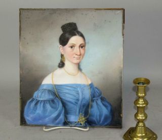 A Great 18th C American Pastel On Paper Portrait Of A Young Woman In Blue Dress