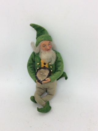 Vintage Cloth,  Wool,  And Pulp Leprechaun Elf Doll Holding Pot Of Gold