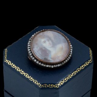 Antique Vintage Georgian 18k Gold 1.  59 Ct Diamond Painted Porcelain Pin Brooch