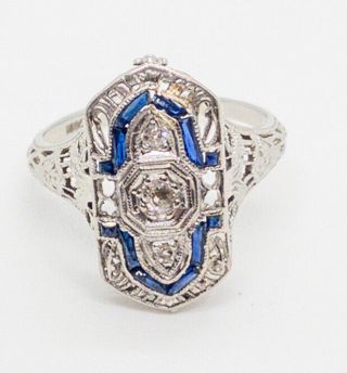 Antique Art Deco Diamond & Sapphire Filigree Ring 18k White Gold Size 6.  5 3g