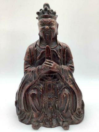Chinese Antique Metal Bronze Emperor Immortal Statue Holding A Tablet