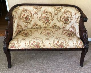 Vintage French Empire Style Mahogany Upholstered Settee Loveseat