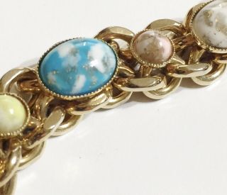 Vintage 1950s Mcm Chunky Art Glass Cabochon Stone Gold Plate Link Bracelet