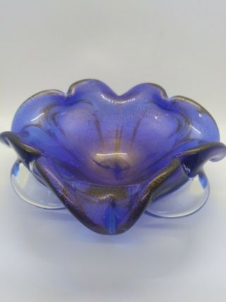 Vintage Murano Barovier & Toso Cobalt And Gold Speckle Bowl Ashtray 8 "