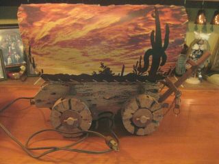 Vtg Covered Wagon Nighlight Lamp Cactus Scene Cowboy Western Lamp Cactus Wood