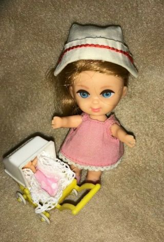 Vtg.  Mattel Liddle Kiddles Florence Niddle Doll (1966 - 1967) With Baby And Pram