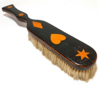 Rare Mid - 19th C American Folk Art Handmade Signed Inlaid Motif Wood Shoe Brush