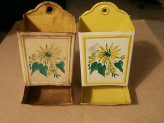 2 Vintage Metal Match Box Holder Wall Mount Tin Yellow With Flowers