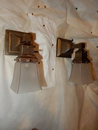 Simple Mission Style Arts And Crafts Brass Sconces With Frosted Etched Shades