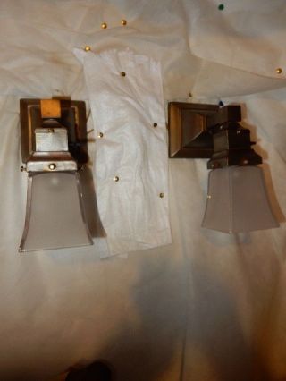 Simple Mission Style Arts and Crafts Brass Sconces With Frosted Etched Shades 2